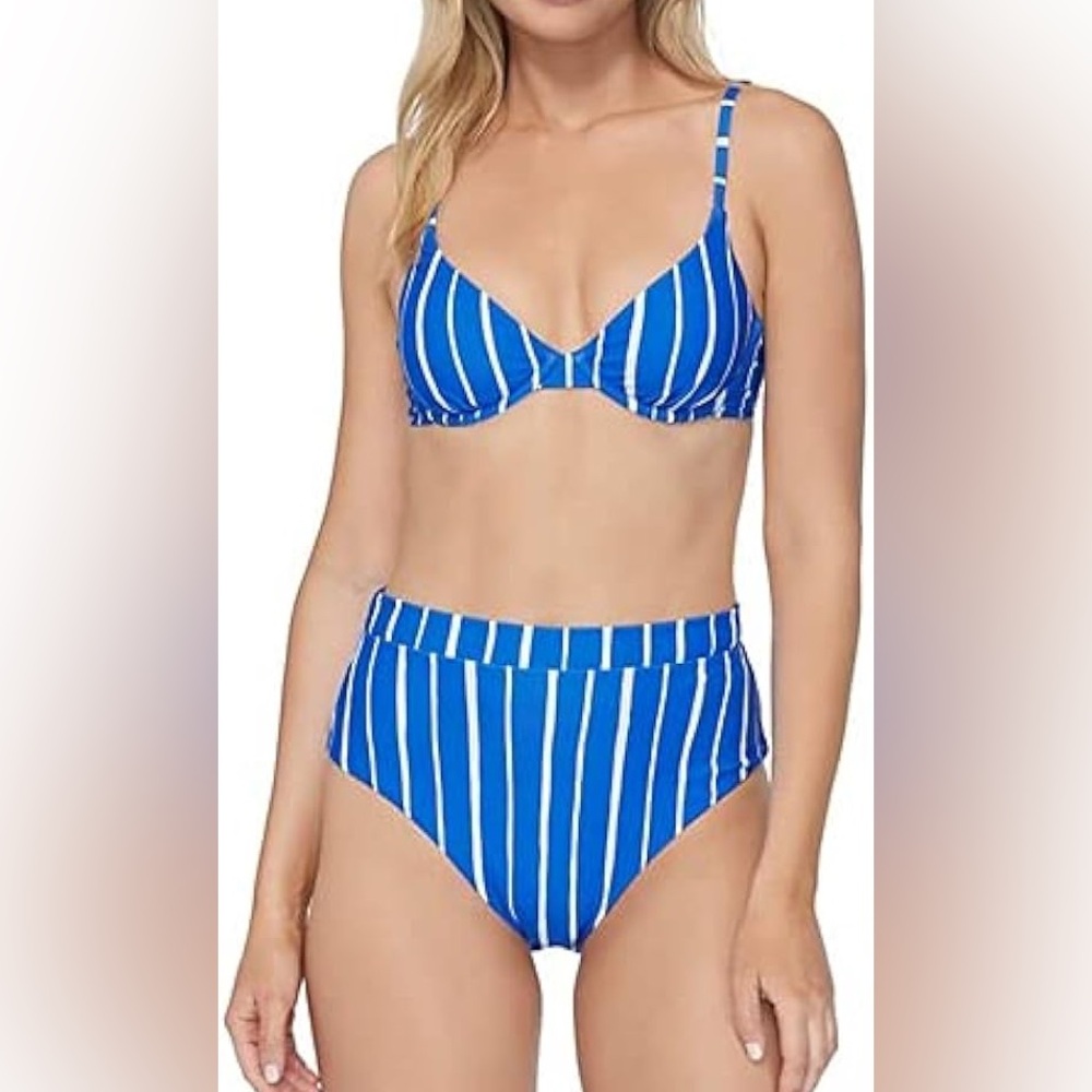 3 piece Blue Striped Bikini Swim Set - High waisted bottoms and two tops